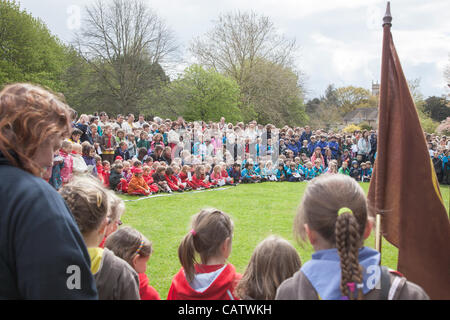 Gathering of Brownies, Scouts and Girl Guides in Vivary Park, Taunton, Somerset, England on Sunday 22nd April 2012 to celebrate St. George's day. This annual event is attended by regional groups to uphold the tradition of the patron Saint of England. Stock Photo