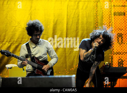 Apr 22, 2012 - Indio, California; USA -  Singer CEDRIC BIXLER-ZAVALA and Guitarist OMAR RODRIGUEZ-LOPEZ of the band At The Drive In performs as  part of the 2012 Coachella Music & Arts Festival that is taking place at the Empire Polo Field.  The three day festival will attract thousands of fans to s Stock Photo