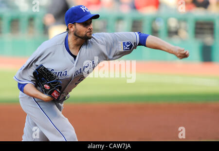 CLEVELAND, OH USA - APRIL 24:  Kansas City Royals starting pitcher Jonathan Sanchez (57) throws during the first inning against the Cleveland Indians at Progressive Field in Cleveland, OH, USA on Tuesday, April 24, 2012. Stock Photo