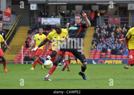 28.04.2012 Watford, England. Watford v Middlesbrough. Nyron Nosworthy (Defender) in action against Lukas Jutkiewicz (Middlesbrough) Striker during the NPower Championship game played at Vicarage Road. Stock Photo