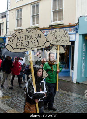 Falmouth, Cornwall. 29 April, 2012. Hundreds of people walk through the streets of Falmouth, Cornwall, in protest against the so-called 'pasty tax' being proposed by the Government. Stock Photo