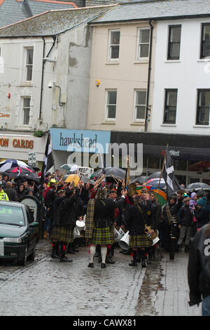 Falmouth, Cornwall, UK. 29 April, 2012. Falmouth Pasty March. Hundreds of people march through the streets of Falmouth in protest against Government plans for a so-called 'pasty tax' Stock Photo