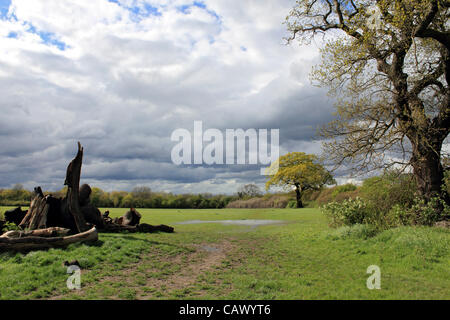 As the April showers continue across Britain, more stormy weather at Tolworth Court Farm, green belt land in South West London, England, UK Stock Photo