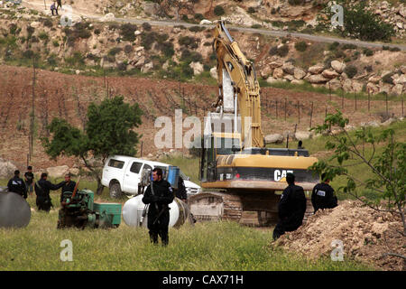 May 1, 2012 - Hebron, West Bank, Palestinian Territory - Israeli soldiers surround a bulldozer as it destroys a Palestinian farm to cows in the  West Bank city of Hebron, May. 01, 2012. Reports state that tensions rose as Palestinian homes were destroyed by Israeli authorities for allegedly not havi Stock Photo