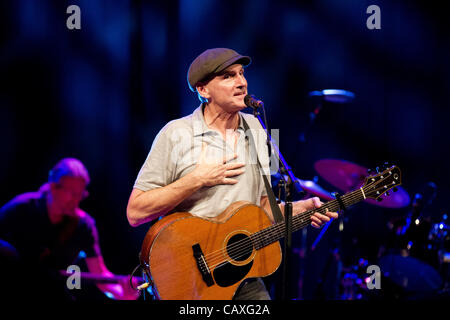 James Taylor pictured in concert at the Bozar Auditorium, Brussels. James Vernon Taylor (born March 12, 1948) is an American singer-songwriter and guitarist. A five-time Grammy Award winner, Taylor was inducted into the Rock & Roll Hall of Fame in 2000. Stock Photo