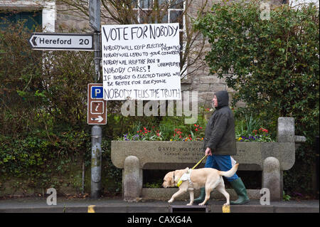 3rd May 2012. Homemade sign asking people to VOTE FOR NOBODY in the town council elections at Hay-on-Wye, Powys, Wales, UK. Stock Photo
