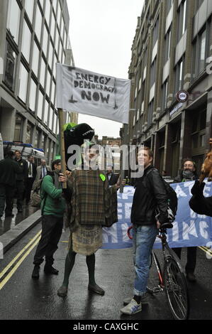 03 May 2012 Godliman Street London UK. The climate justice collective protest attempting to disrupt the UK energy summit in London. The collective were protesting against climate change and fuel poverty and calling for cleaner energy. Stock Photo