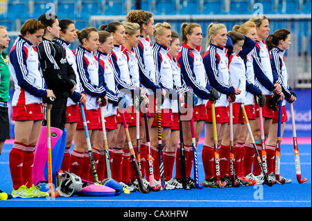 03.05.2012 London, England. Team GBR during the national anthem at the Women’s Preliminary match between China and Great Britain on Day 2 of the Visa International Invitational Hockey Tournament at the Riverbank Arena on the Olympic Park. (This is a 2012 Olympics test event, part of the London Prepa Stock Photo