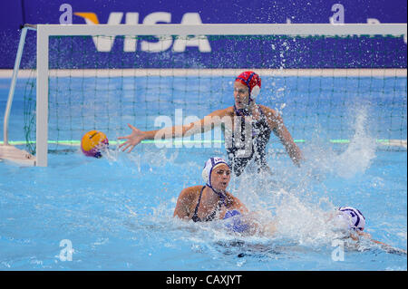 03.05.2012 London, England. Hungary score during the Preliminary Round match between the USA and Hungary on Day 1 of the Visa Womens Water Polo International at the Water Polo Arena on the Olympic Park. (This is a 2012 Olympics test event, part of the London Prepares Series). Stock Photo