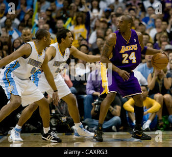 May 4, 2012 - Denver, CO, USA - Los Angeles Lakers KOBE BRYANT, right, gets double teamed by the Denver Nuggets during the 1st. half at the Pepsi Center Friday night. The Nuggets beat the Lakers 99-84 to make the series 2-1 in favor of the Lakers. (Credit Image: © Hector Acevedo/ZUMAPRESS.com) Stock Photo