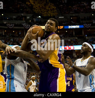 May 4, 2012 - Denver, CO, USA - Los Angeles Lakers ANDREW BYNUM, center, grabs a rebound during the 2nd. half at the Pepsi Center Friday night. The Nuggets beat the Lakers 99-84 to make the series 2-1 in favor of the Lakers. (Credit Image: © Hector Acevedo/ZUMAPRESS.com) Stock Photo