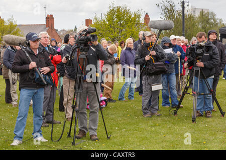 Flint Castle, Flintshire, North Wales, UK. 5th May 2012. Film crews and members of the public at the official opening of the All Wales Coast Path. Wales is now the only country in the world with a continuous coastal path. Stock Photo