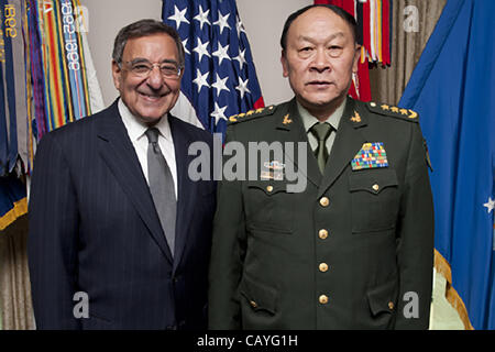 Defense Secretary Leon E. Panetta stands with China’s Minister of National Defense Gen. Liang Guanglie for a photo at the Pentagon May 7, 2012 in Pentagon City, VA. Stock Photo