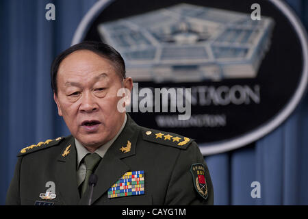 China’s Minister of National Defense Gen. Liang Guanglie makes a comment during a joint press conference at the Pentagon May 7, 2012 in Pentagon City, VA. Stock Photo