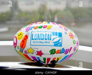 09.05.2012.  London, England. Launch of the Marriott London Sevens, the final of the 2011/12 HSBC Sevens World Series at the EDF Energy London Eye and County Hall Marriott. London, England. Picture shows a game ball Stock Photo