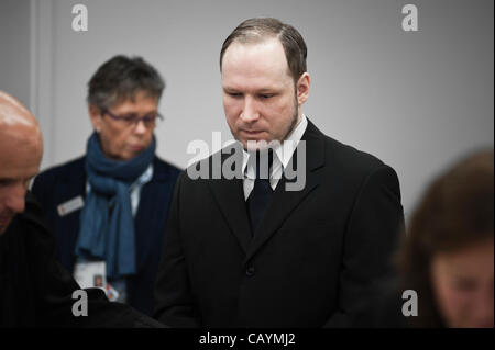 Oslo, Norway. 10/05/2012. Anders Behring Breivik appears in court during his trial in Oslo courthouse. Stock Photo