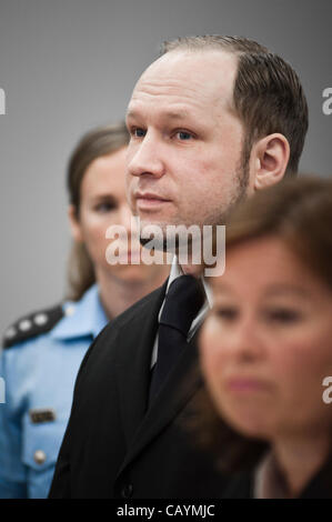 Oslo, Norway. 10/05/2012. Anders Behring Breivik appears in court during his trial in Oslo courthouse. Stock Photo