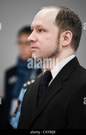 Oslo, Norway. 10/05/2012. Anders Behring Breivik appears in court during his trial in Oslo courthouse. Stock Photo