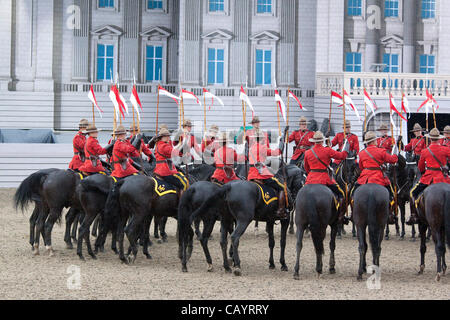 Thursday 10th May 2012. The Royal Canadian Mounted Police (Mounties) perform the Musical Ride at the Royal Windsor Horse Show 2012. Windsor Park, Berkshire, England, United Kingdom. Stock Photo