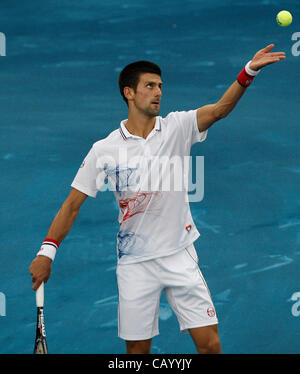 11.05.2012 Madrid, Spain. Novak Djokovic in action against Janko Tipsarevic during the  quarter finals of the Madrid Open Tennis Tournament. Stock Photo