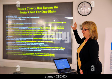 Speaking against Nassau County Executive’s Plan to Privatize Sewage Treatment Plants are Claudia Borecky (shown) President of North and Central Merrick Civic Assoc., and County Legislator Dave Denenberg (Democrat - Merrick) on Wednesday, May 16, 2012, at Bellmore Library, New York, USA. Stock Photo