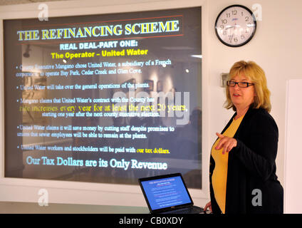 Speaking against Nassau County Executive’s Plan to Privatize Sewage Treatment Plants are Claudia Borecky (shown) President of North and Central Merrick Civic Assoc., and County Legislator Dave Denenberg (Democrat - Merrick) on Wednesday, May 16, 2012, at Bellmore Library, New York, USA. Stock Photo