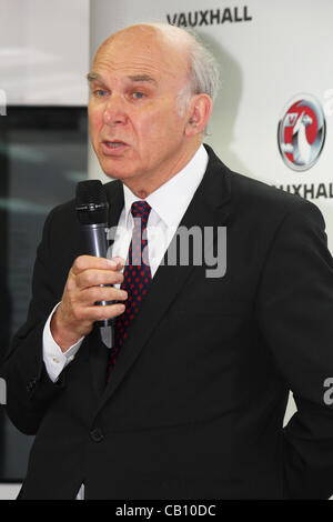 Ellesmere Port, UK. 17 May, 2012. Vince Cable, Secretary of State for Business, Innovation and Skills speaks at the Ellesmere Port Vauxhall factory as the safety of the plant is secured with the announcement of 700 new jobs, with the factory becoming the lead plant for the Astra through to 2020. Stock Photo