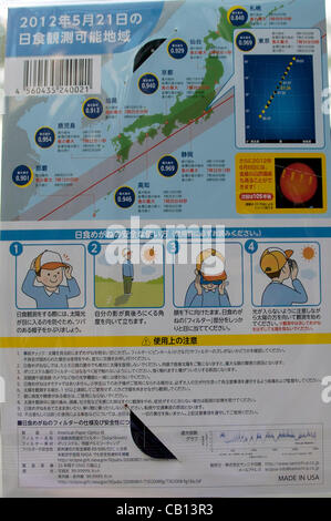 A map displaying the path of next Monday's solar eclipse as Tokyo electronics stores sell telescopes and special glasses as the country gets ready to witness a partial solar eclipse on Monday 21st May. The path of Monday's eclipse runs almost directly over Tokyo and it is said to be a once in 300 ye Stock Photo