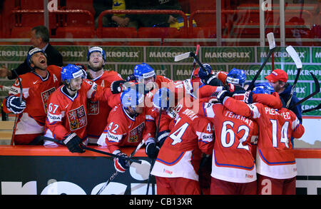 Czech team celebrates after the decisive  goal from Milan Michalek during the match Sweden vs. Czech Republic, Group B, Quarterfinal, IIHF Ice Hockey World Championship 2012, Stockholm, Sweden, May 17, 2012. (CTK Photo/Michal Dolezal) Stock Photo