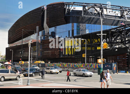 New York - May 18, 2012 The Barclays Center at Atlantic Yards, new home of the newly renamed Brooklyn Nets basketball team, during construction.  The 18,000 seat arena in Brooklyn New York opens October 3, 2012 with a sold out inaugural concert by Jay Z. Stock Photo