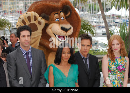 May 17, 2012 - Cannes, France - CANNES, FRANCE - MAY 18: (L-R) David Schwimmer, Jada Pinkett Smith, Ben Stiller and Jessica Chastain attend the 'Madagascar 3: Europe's Most Wanted' Photocall during the 65th Annual Cannes Film Festival at Palais des Festivals on May 18, 2012 in Cannes, France (Credit Stock Photo