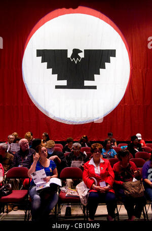 May 19, 2012 - Bakersfield, CA, USA -  Delegates wait for Los Angeles Mayor Antonio Villaraigosa to speak at the United Farm Workers' 50th Anniversary Convention. Some 2,000 delegates and supporters gathered to continue working on the legislative agendas and union organizing of farm workers which wa Stock Photo