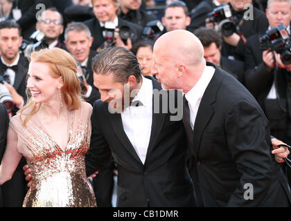 Jessica Chastain, Tom Hardy, John Hillcoat, attend the gala screening of Lawless at the 65th Cannes Film Festival. The screenplay for the film Lawless was written by Nick Cave and Directed by John Hillcoat. Saturday 19th May 2012 in Cannes Film Festival, France. Stock Photo