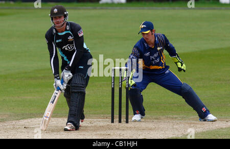 20.05.12 The Brit Oval, London, ENGLAND: Phil Mustard of Durham County Cricket and Tom Maynard of Surrey County Cricket in action during Clydesdale Bank Pro40 between Surrey Tigers  and Durham Dynamos at The Brit Oval Stadium on May 20, 2012 in London, England. Stock Photo