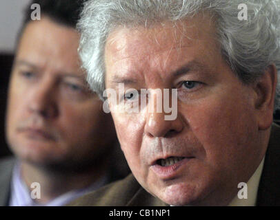 Chief Conductor of the BBC Symphony Orchestra Jiri Belohlavek, right, and violin Ivan Zenaty picured during the International Music Festival Prague Spring in Prague, Czech Republic, on Monday, May 20, 2012. (CTK Photo/Katerina Sulova) Stock Photo