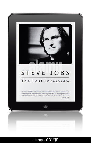 KIEV, UKRAINE - MAY 21, 2012: Photo of a Apple iPad device,showing the poster to documentary film about Steve Jobs (co-founder of Apple Computer) 'Steve Jobs. Lost interview' that will be released in cinemas on May, 25th 2012 Stock Photo