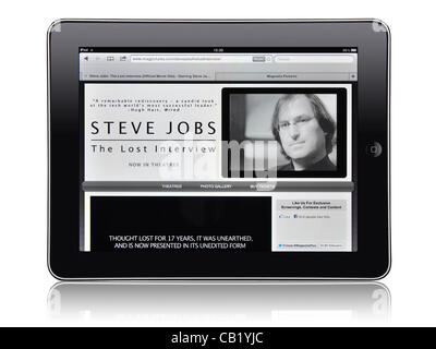 KIEV, UKRAINE - MAY 21, 2012: Apple iPad device, showing the 'Steve Jobs. Lost interview' official movie site. That documentary film will be released in cinemas on May, 25th 2012. Stock Photo