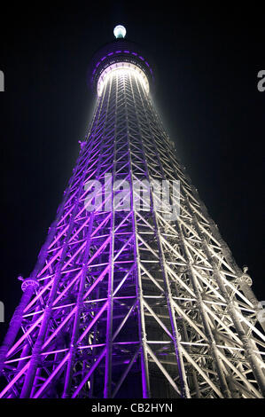 Thursday May 24, 2012, Asakusa, Japan -Tokyo Skytree has two lighting styles, the concept of the design is based on Japanese  aesthetic 'Miyabi' in purple and blue 'Iki'. The tower opened to the public on May 22nd 2012 and at 634m is the worlds' 2nd tallest building and the worlds' tallest tower. Stock Photo