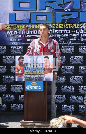 23.05.2012. Los Angeles, California.   Josesito Lopez talks to the press about up coming WBC Silver Welterweight Title fight  on June 23rd. Press Conference at Star Plaza in Staples Center in downtown Los Angeles, CA. Stock Photo