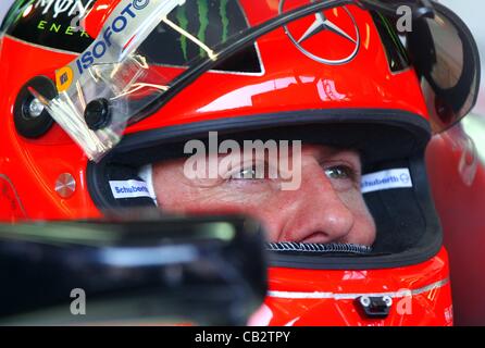 26.05.2012. Monaco, Monote Carlo.  German Formula One driver Michael Schumacher of Mercedes AMG prepares for the third practice session at the F1 race track of Monte Carlo, 26 May 2012. The Grand Prix will take place on 27 May. Stock Photo