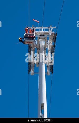 Dramatic scene 50 metres up on Emirates air line, noon, Saturday 26 May, Greenwich Pensinula London. UK. Stock Photo