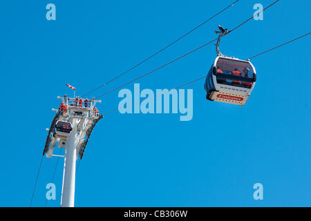 Dramatic scene 50 metres up on Emirates air line, noon, Saturday 26 May, Greenwich Pensinula London. UK. Stock Photo