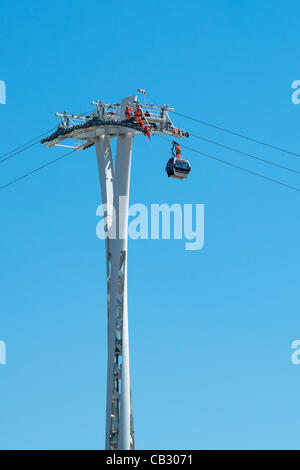 Dramatic scene 50 metres up on Emirates air line, noon, Saturday 26 May, Greenwich Pensinula London. UK. Stock Photo