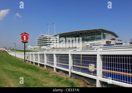 27/05/12. Epsom Downs, Surrey, UK. The Queen's Stand and the Duchess's Stand overlook the finish line of the Derby Stock Photo