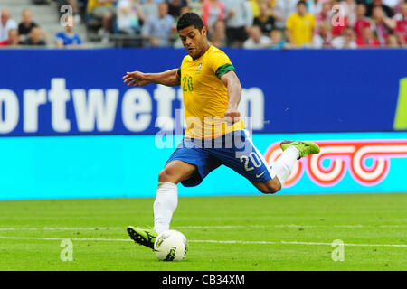 26.05.2012. Hamburg, Germany.  Brazil's Hulk scores the 3-0 goal during the international friendly soccer match between Denmark and Brazil at Imtech Arena in Hamburg, Germany, 26 may 2012. Stock Photo