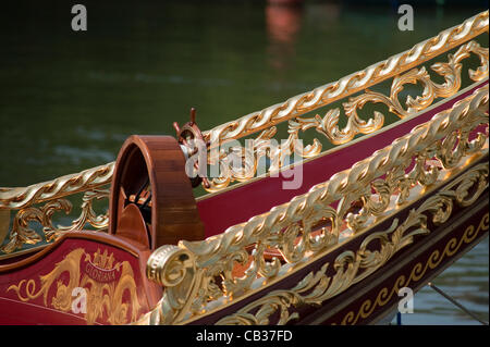 Queens Diamond Jubilee Barge Gloriana being prepared during a heatwave on Monday 28th May at Richmond upon Thames for the Royal flotilla celebrations on the 3rd June 2012 in London, UK Stock Photo