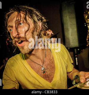 May 28, 2012 - Toronto, Ontario, Canada - Memebers of American gypsy punk band Gogol Bordello rocked the Rasputin Vodka Lounge at their afterparty following sold out concert at Sound Academy in Toronto. In picture - lead singer EUGENE HUTZ. (Credit Image: © Igor Vidyashev/ZUMAPRESS.com) Stock Photo