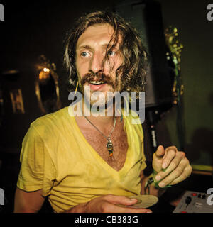 May 28, 2012 - Toronto, Ontario, Canada - Memebers of American gypsy punk band Gogol Bordello rocked the Rasputin Vodka Lounge at their afterparty following sold out concert at Sound Academy in Toronto. In picture - lead singer EUGENE HUTZ. (Credit Image: © Igor Vidyashev/ZUMAPRESS.com) Stock Photo