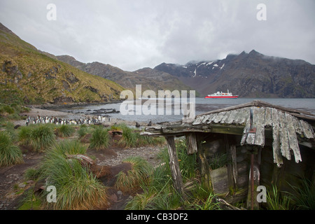 Shipwrecks and remains of the old Whaling Station at Godthul with MS Expedition in the background, South Georgia Stock Photo