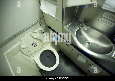 aircraft toilet and bathroom on board a 747 passenger aircraft Stock Photo